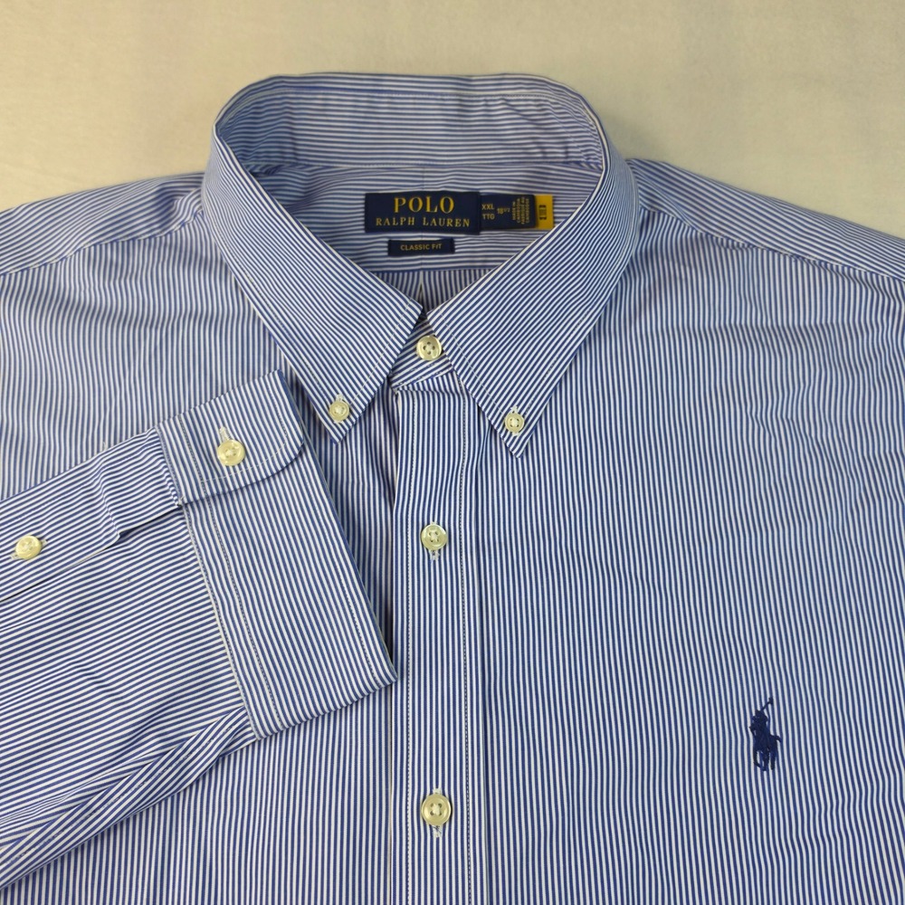 Polo Ralph Lauren Button Down Shirt Mens XXL Blue White Striped Classic Fit Pony